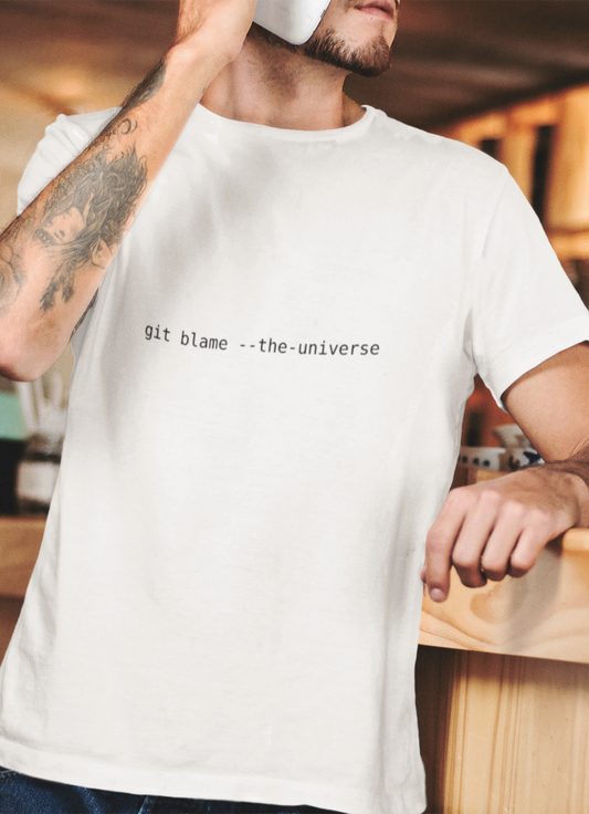 Monospaced text “git blame --the-universe” centered on a transparent background