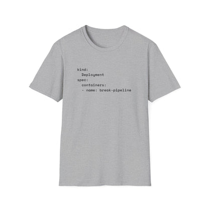 Coder humor t-shirts with YAML break-pipeline design in grey – funny DevOps gift for programmers.