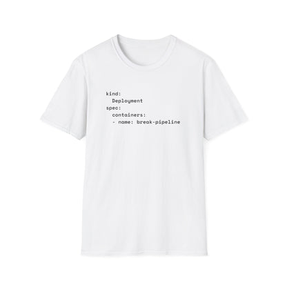 Coder humor t-shirts with YAML break-pipeline design in white – funny DevOps gift for programmers.