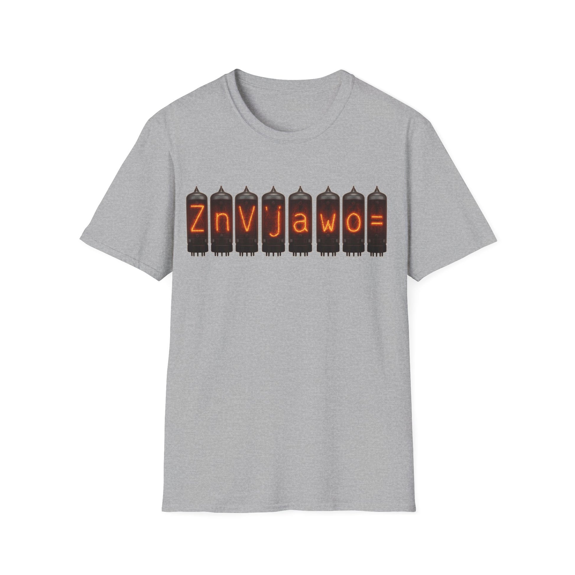 Nixie Tube Cryptic design on a light gray t-shirt | hacker gift, hobby shirt, electronics tee