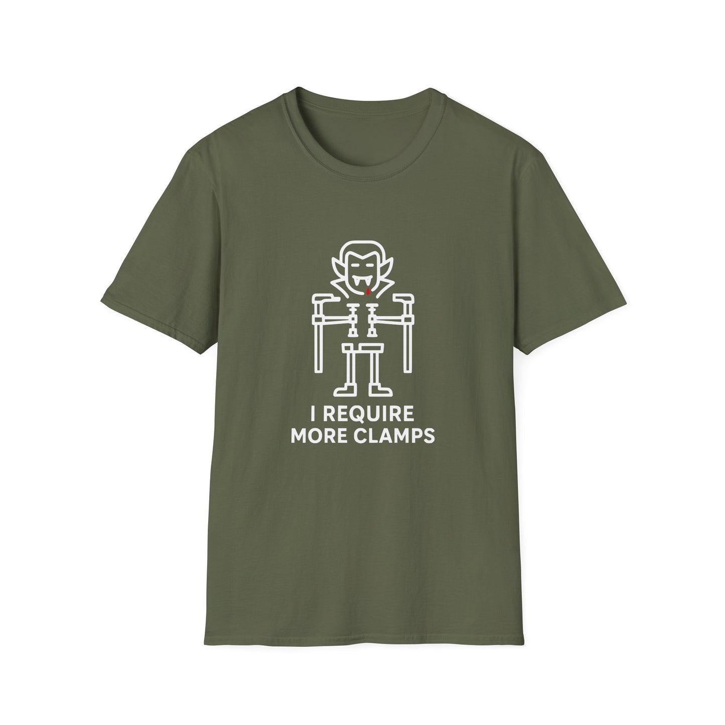 Flat lay of Clampire Halloween T-shirt. White clamp vampire graphic with text ‘I Require More Clamps’ on soft green cotton tee.