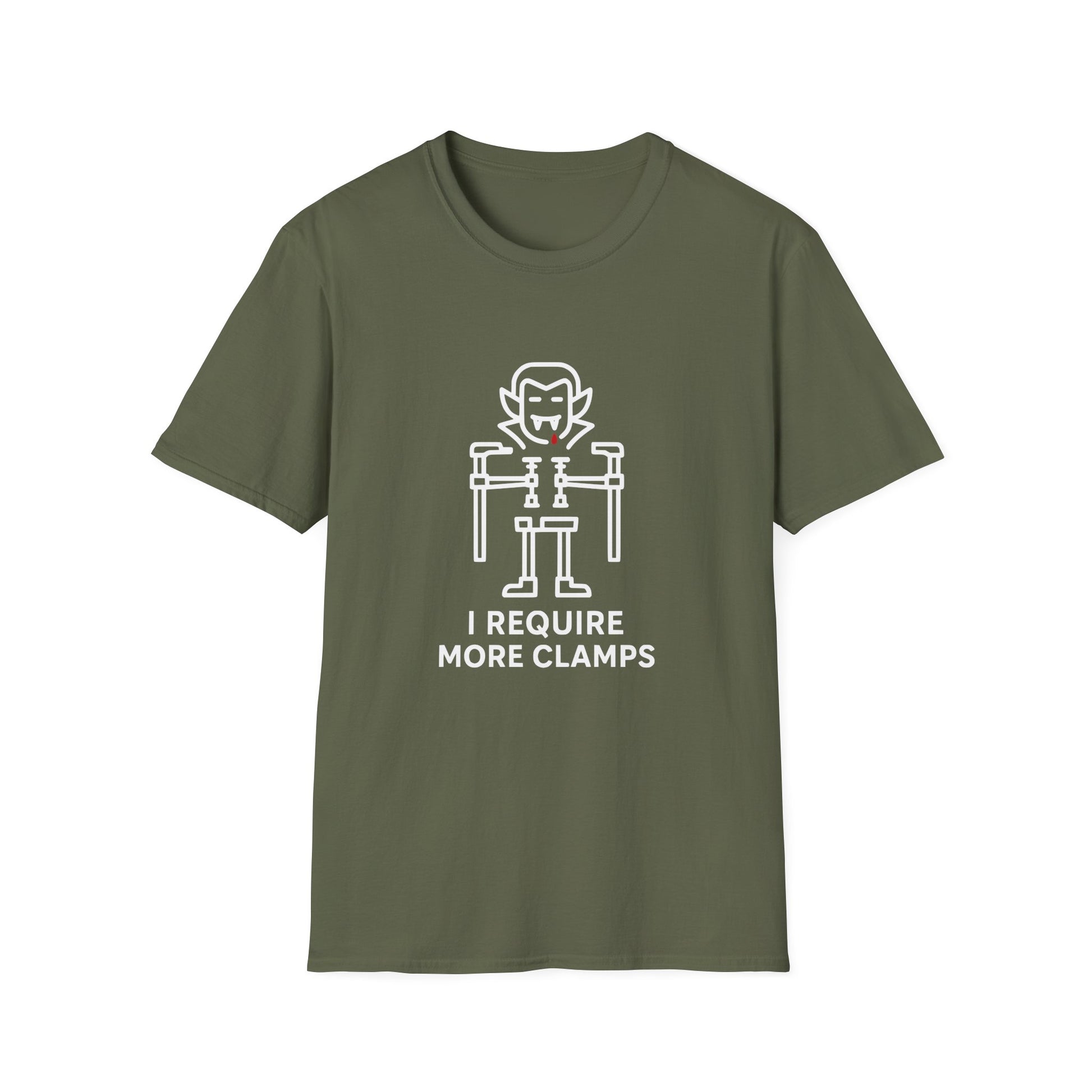 Flat lay of Clampire Halloween T-shirt. White clamp vampire graphic with text ‘I Require More Clamps’ on soft green cotton tee.