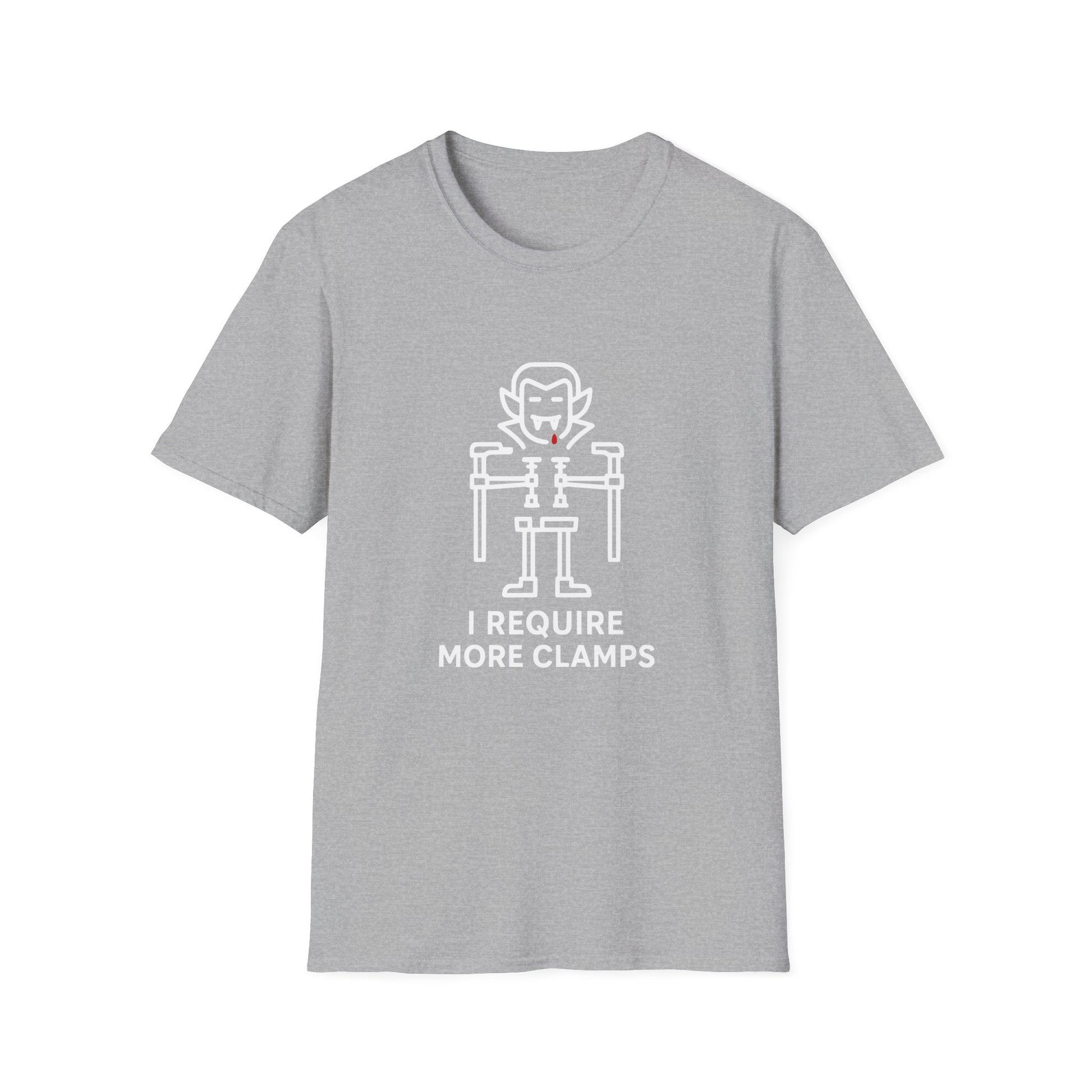 Flat lay of Clampire Halloween T-shirt. White clamp vampire graphic with text ‘I Require More Clamps’ on soft gray cotton tee.