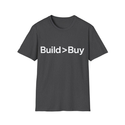 Black t-shirt with 'Build > Buy' text on a white background