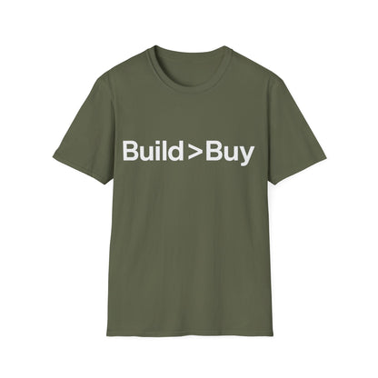 Green t-shirt with 'Build > Buy' text on a white background