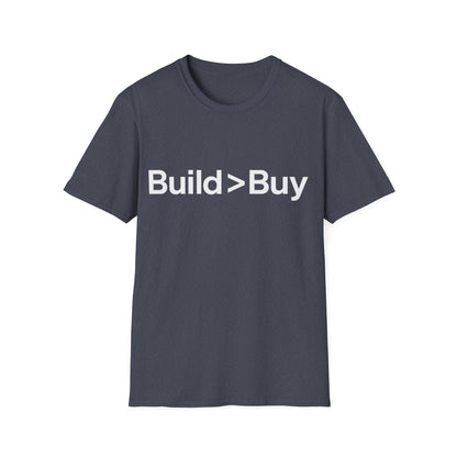 navy heather t-shirt with 'Build > Buy' text on a white background