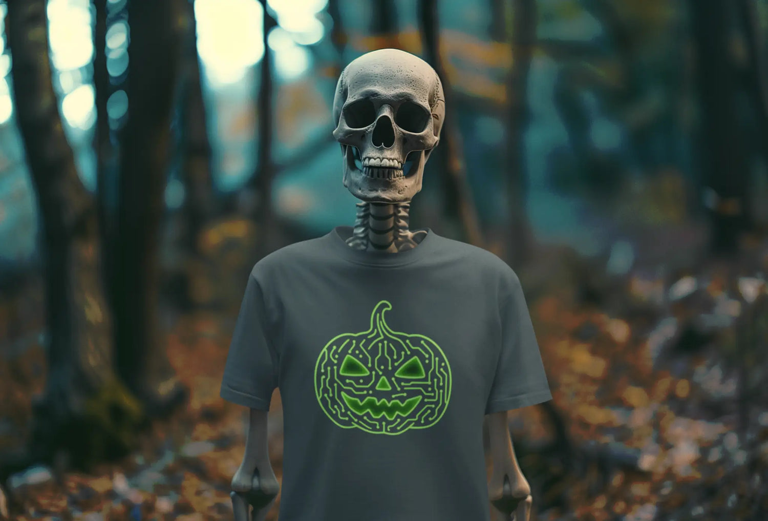 Skeleton wearing a t-shirt with a pumpkin face design in a forest setting