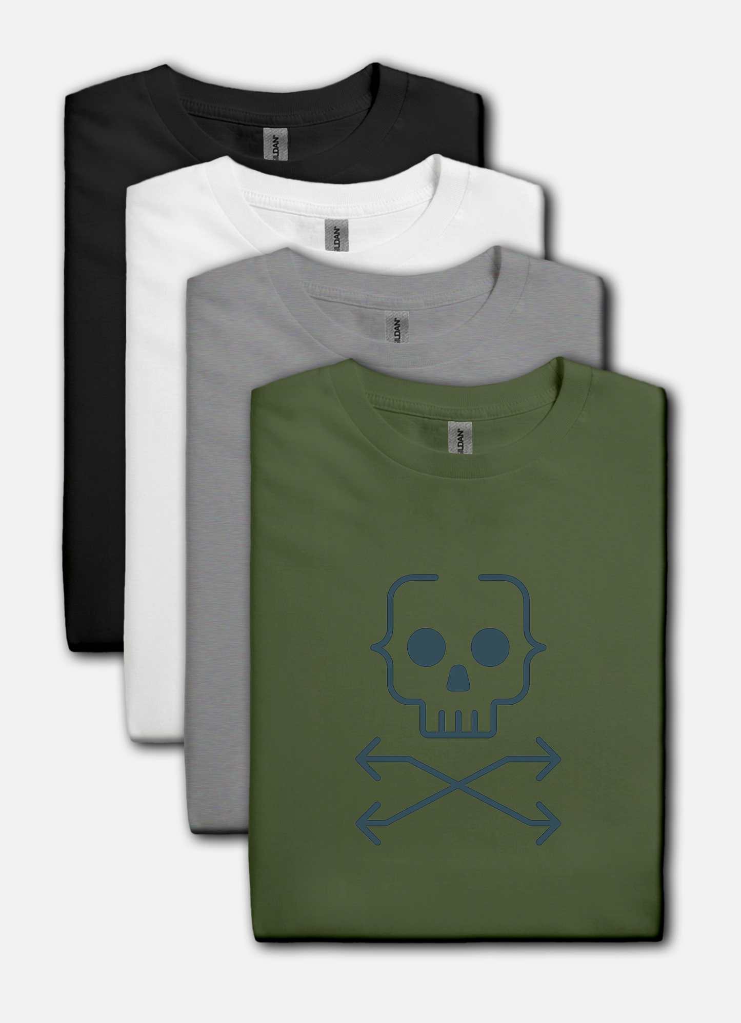 Four folded t-shirts in black, white, gray, and green with a skull and crossbones design on the green shirt.
