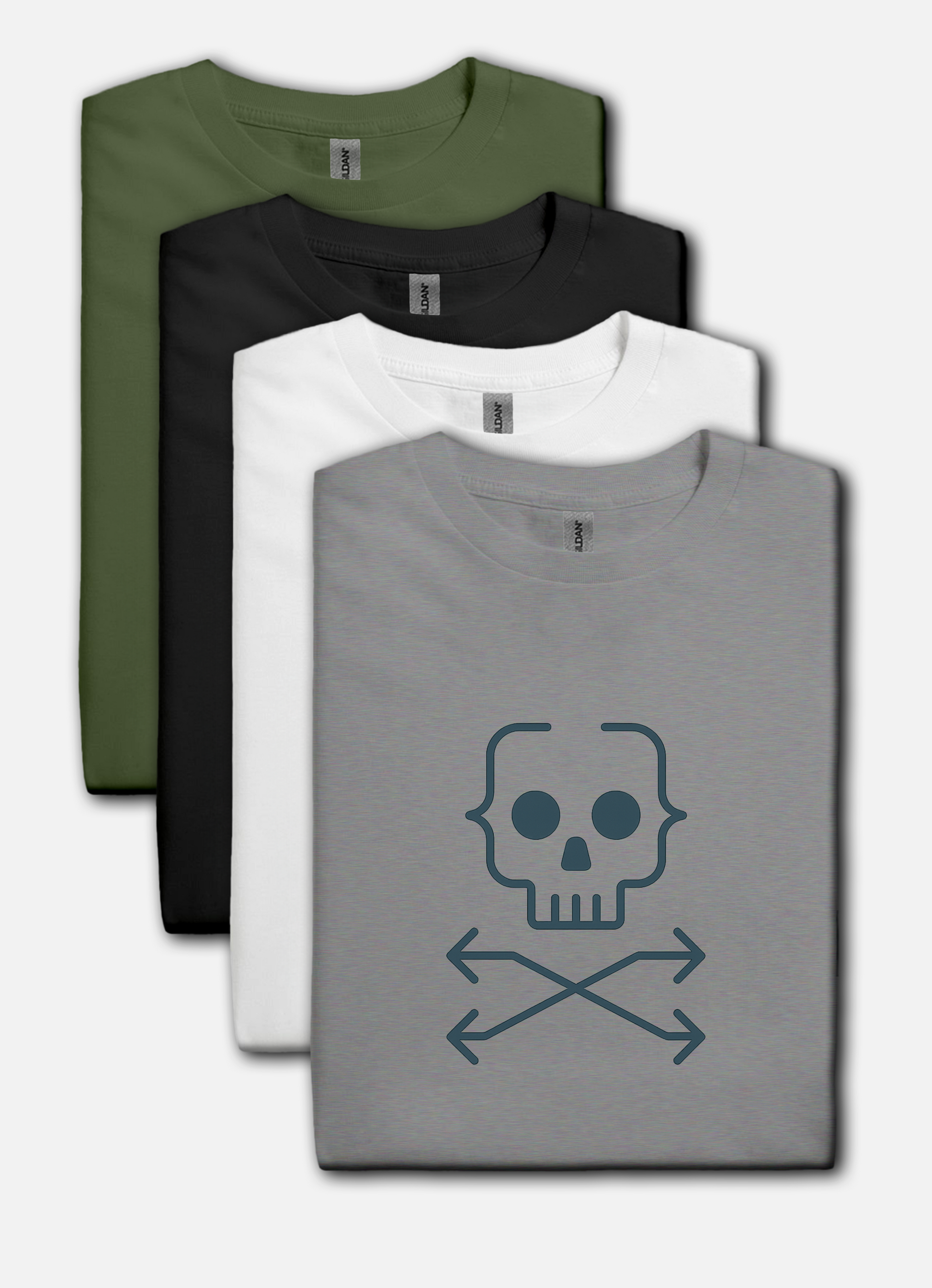 Four t-shirts in green, black, white, and gray with a skull and crossbones design on the gray shirt.