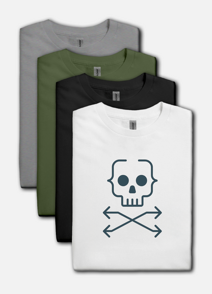 Four folded t-shirts in gray, green, black, and white with a skull and crossbones design on the white shirt.