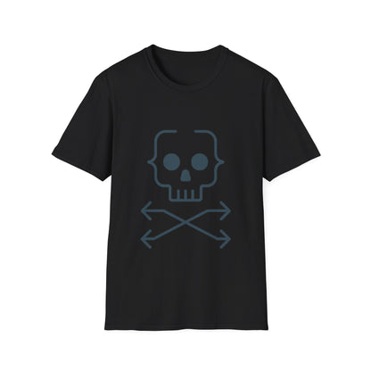 Black t-shirt with a skull and crossbones design on a white background