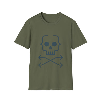 Green t-shirt with a skull and crossbones design on a white background