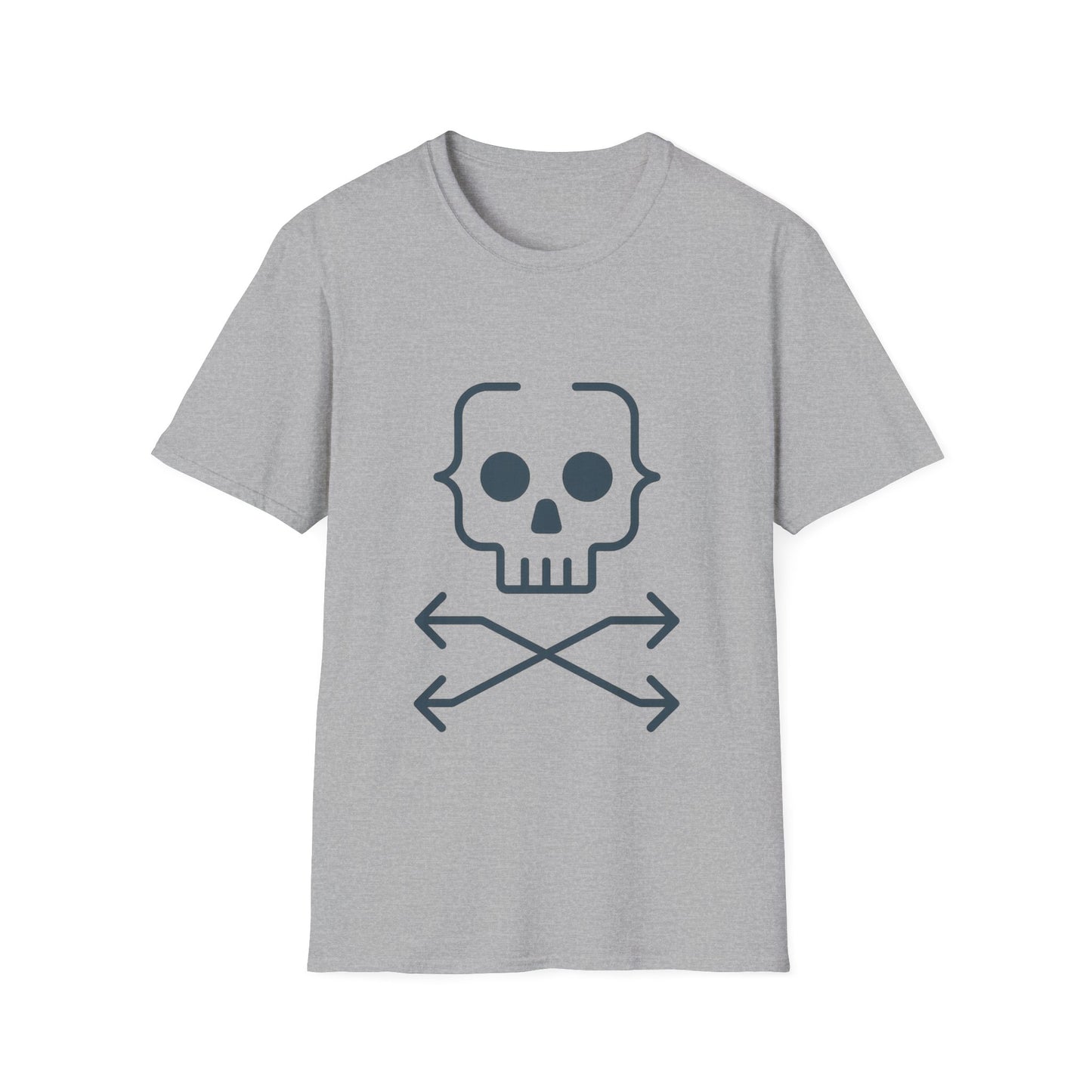 Gray t-shirt with a skull and crossbones design on a white background