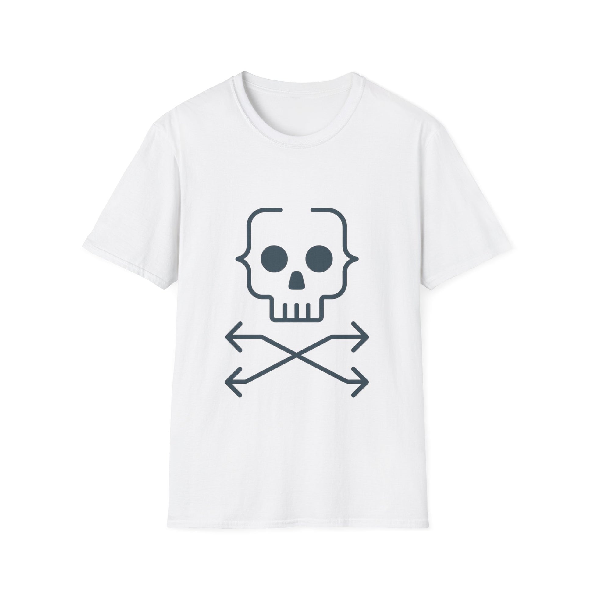 White t-shirt with a skull and crossbones design on a white background
