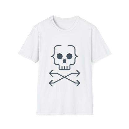 White t-shirt with a skull and crossbones design on a white background