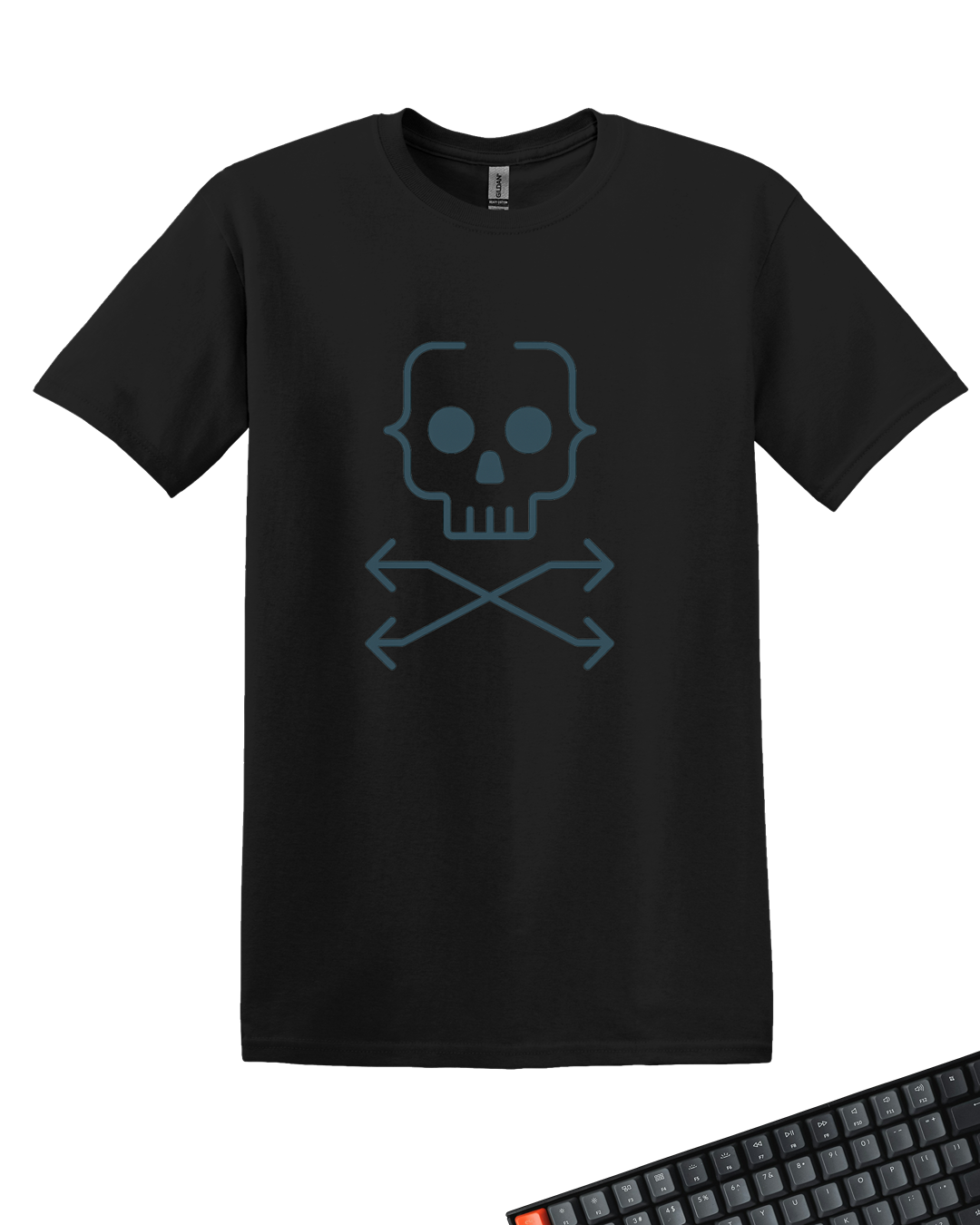 Black t-shirt with blue skull and crossbones design on a white background