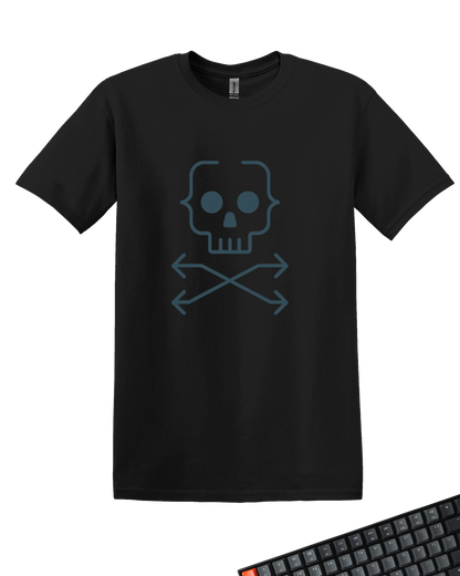 Black t-shirt with blue skull and crossbones design on a white background
