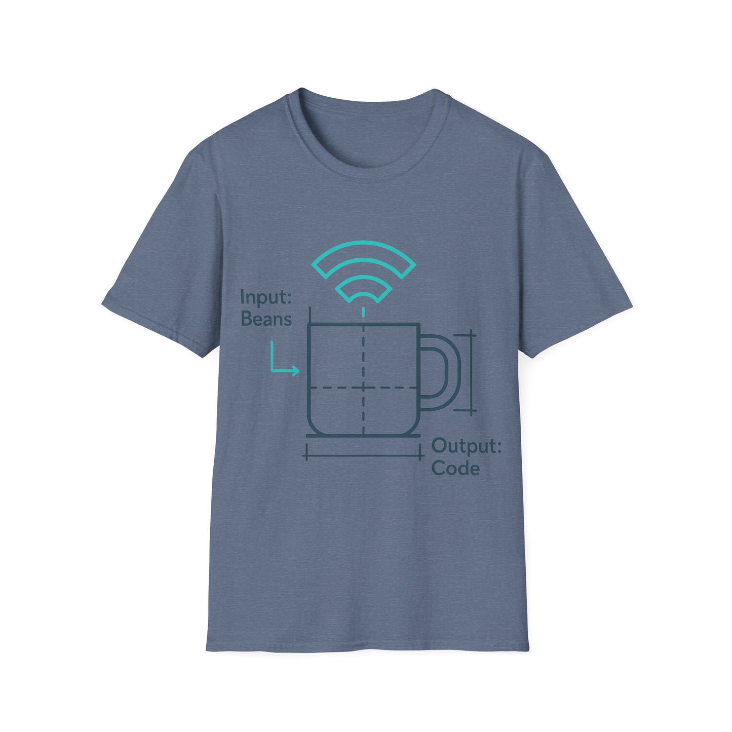 Blue t-shirt with a graphic design on a white background