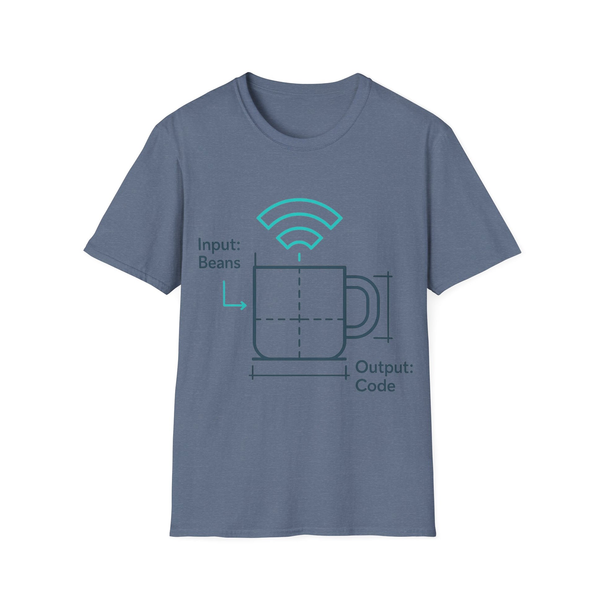 Blue t-shirt with a graphic design on a white background