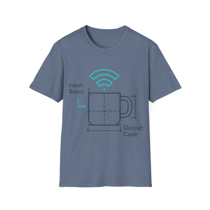 Blue t-shirt with a graphic design on a white background