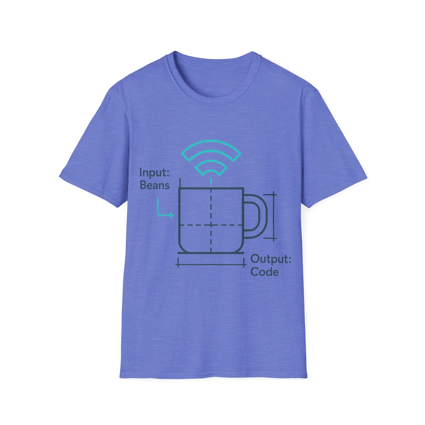 Blue t-shirt with a graphic design on a white background