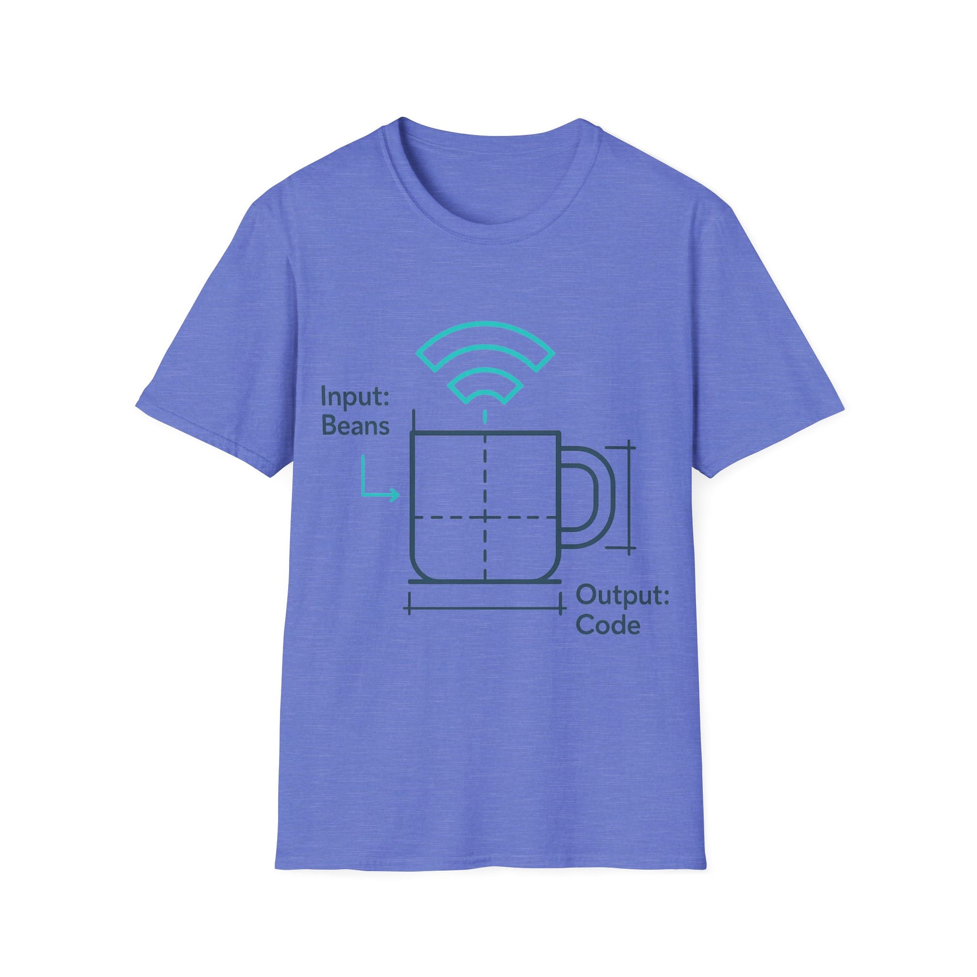Blue t-shirt with a graphic design on a white background