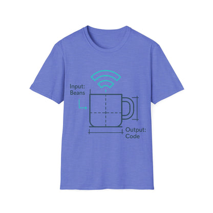 Blue t-shirt with a graphic design on a white background