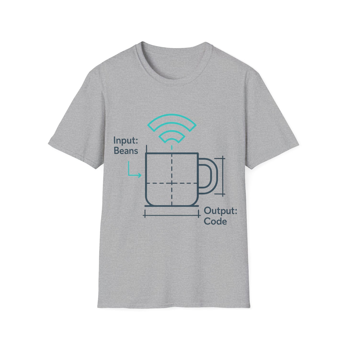 Gray t-shirt with a graphic design on a white background