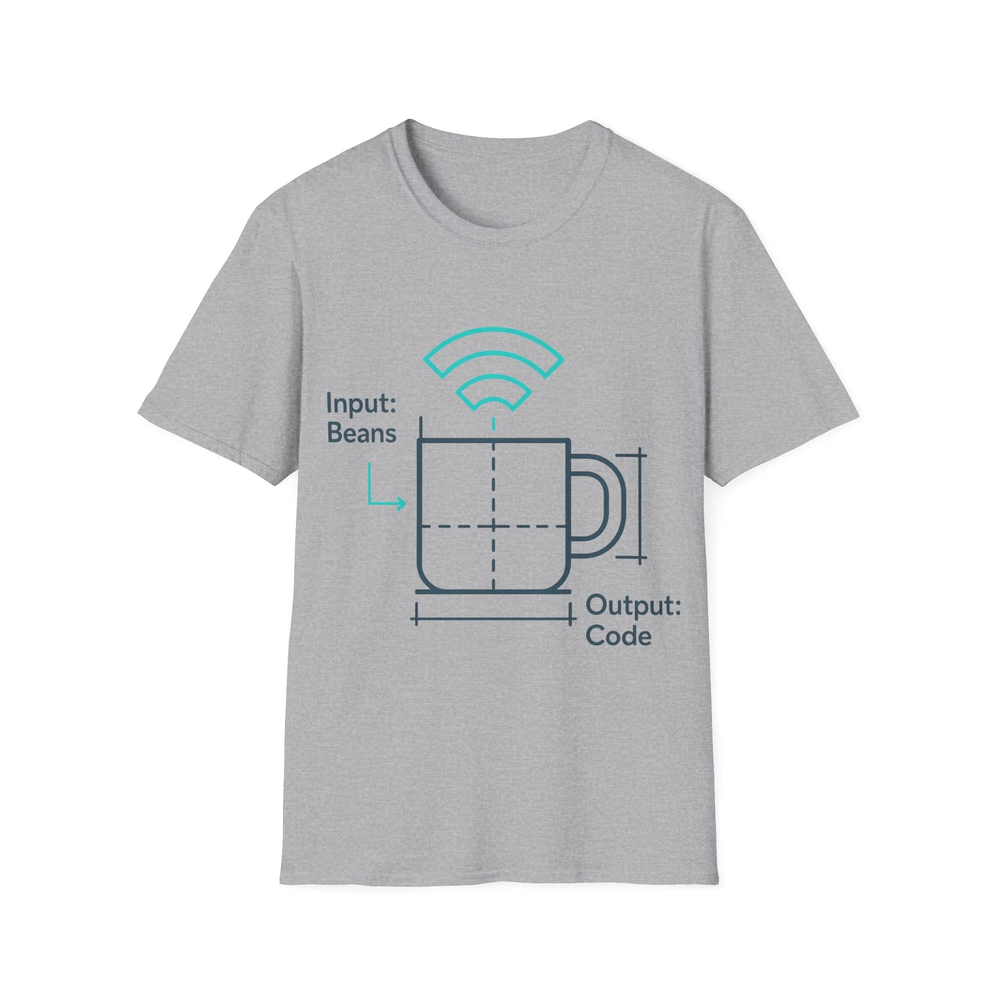 Gray t-shirt with a graphic design on a white background
