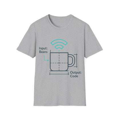 Gray t-shirt with a graphic design on a white background