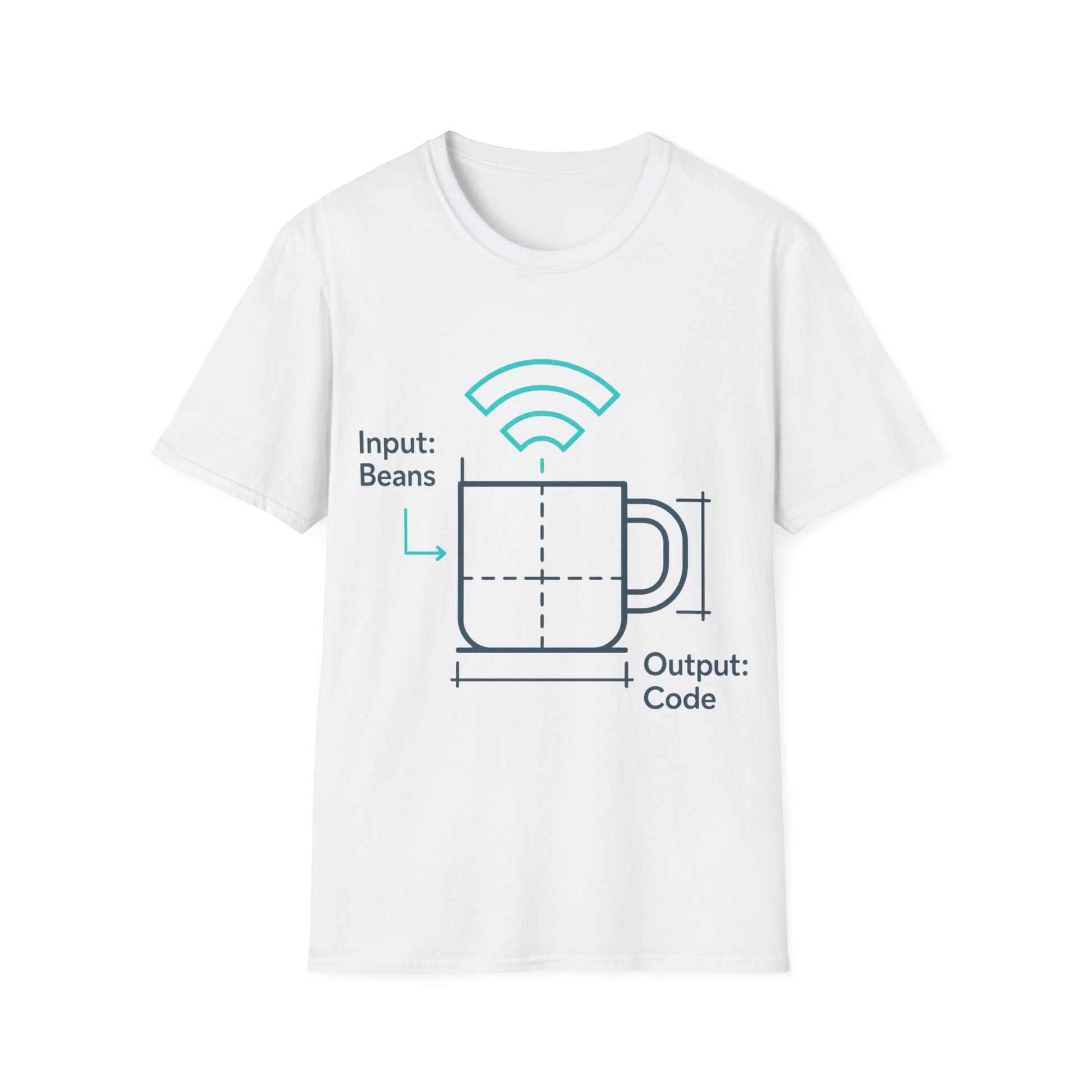 White t-shirt with a graphic design of a coffee mug and text on a white background