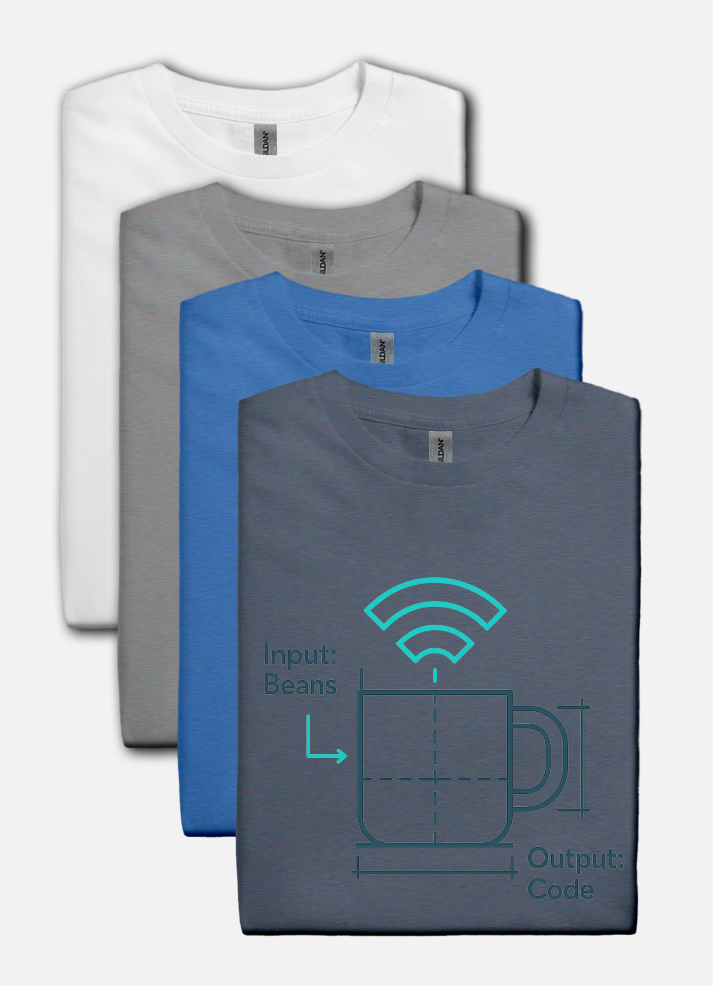 Four t-shirts in white, gray, blue, and gray with a graphic design on a white background