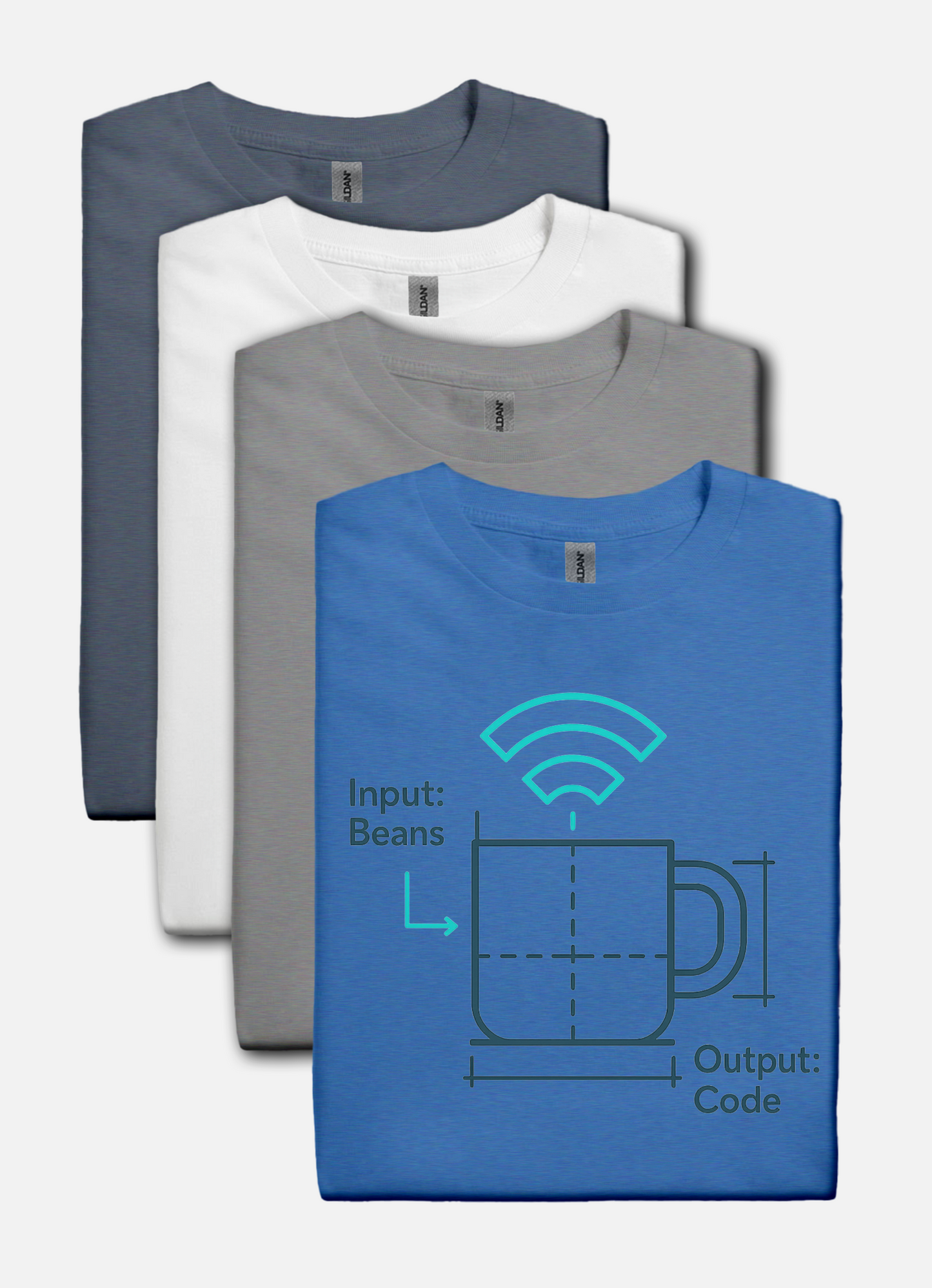 Stack of four folded t-shirts with a blue shirt featuring a graphic design on a white background