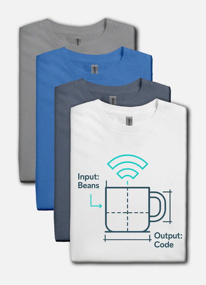 Four t-shirts in gray, blue, and white with a graphic design on the white shirt.
