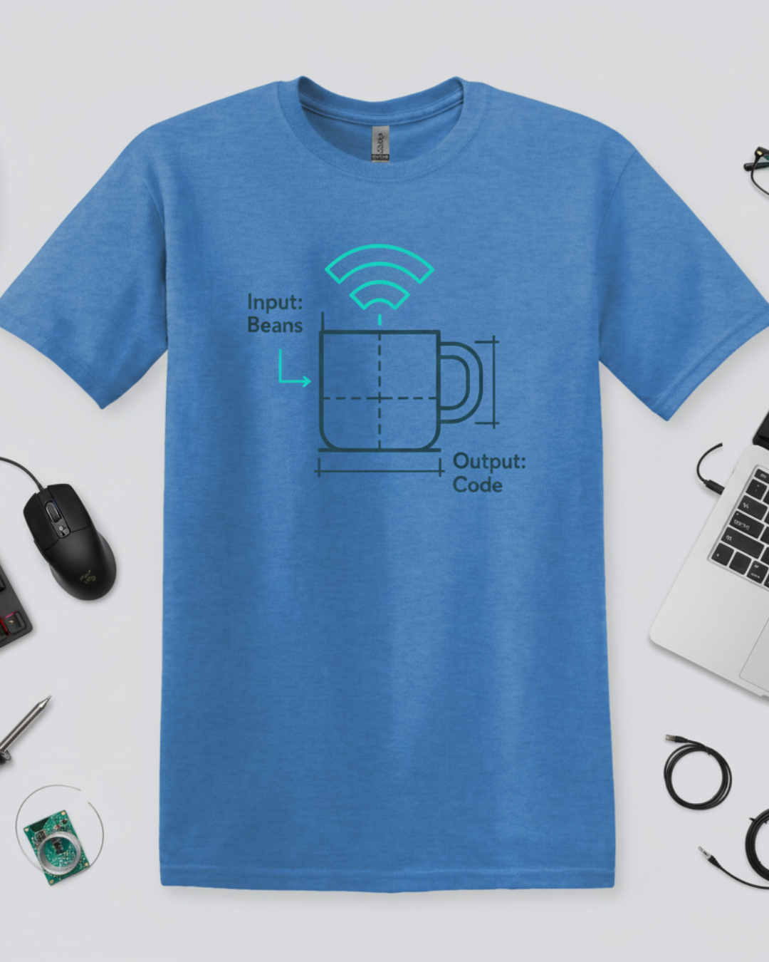 Blue t-shirt with a graphic design on a light gray background