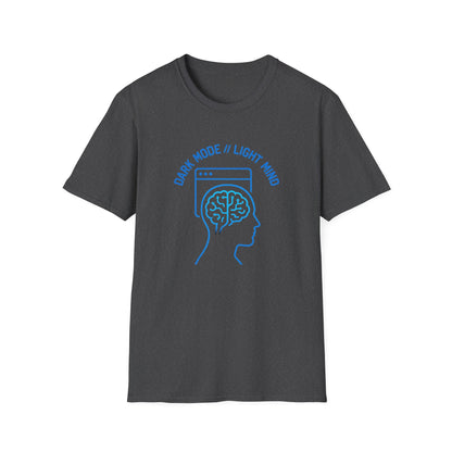 Unisex Gildan 64000 shirt with bold cyberpunk hacker artwork in maker blue and graphite inks.