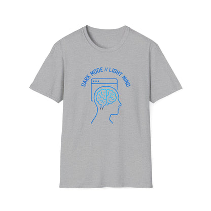 Unisex Gildan 64000 shirt with bold cyberpunk hacker artwork in maker blue and graphite inks.