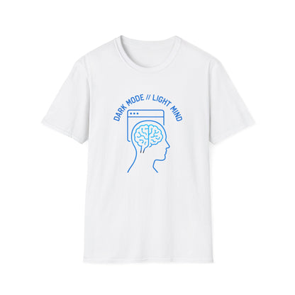 Unisex Gildan 64000 shirt with bold cyberpunk hacker artwork in maker blue and graphite inks.