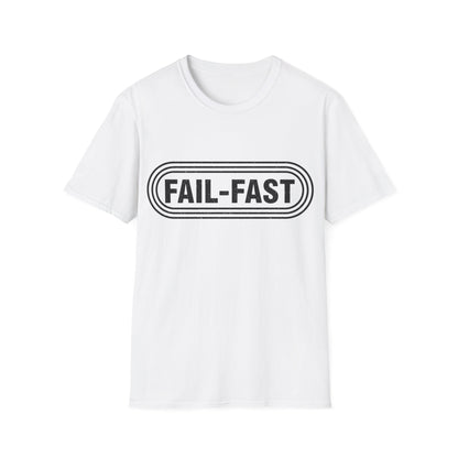 White t-shirt with 'FAIL-FAST' text on a white background