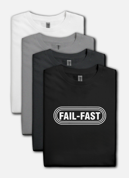 Four t-shirts in black, gray, and white with 'FAIL-FAST' text on a white background