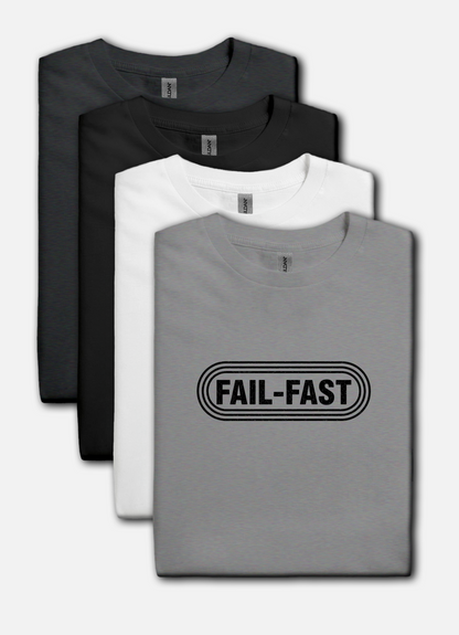 Three t-shirts in black, white, and gray with 'FAIL-FAST' text on a white background