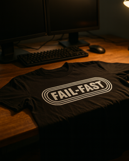 Flat-lay of a black t-shirt featuring a bold retro badge logo with the text “FAIL-FAST.” Industrial design style.