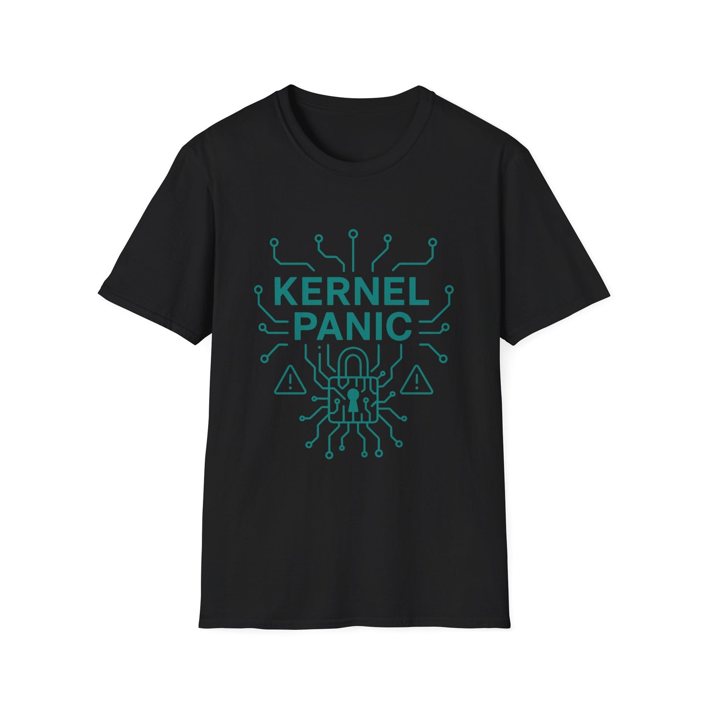 Black t-shirt with 'Kernel Panic' graphic design on a white background