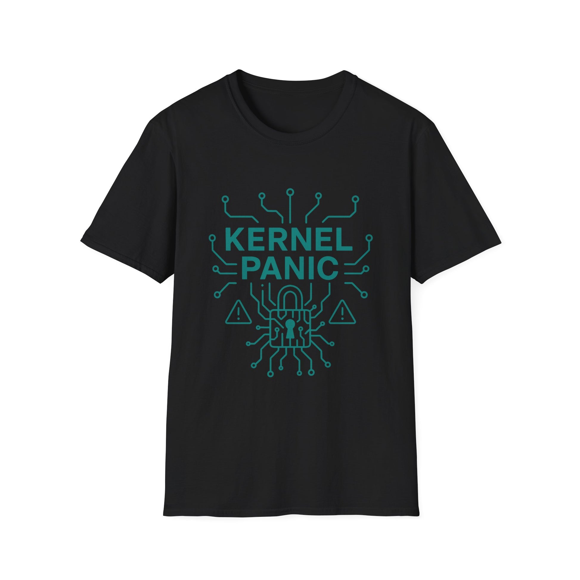 Black t-shirt with 'Kernel Panic' graphic design on a white background