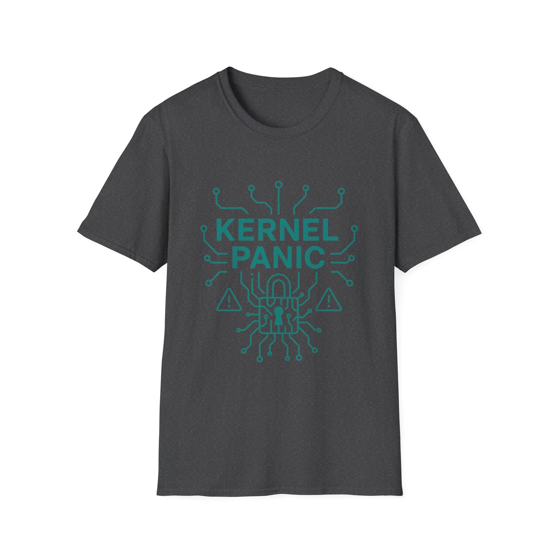 Dark gray t-shirt with teal 'Kernel Panic' graphic design on a white background