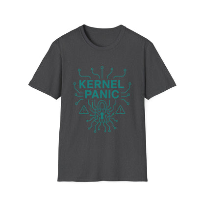 Dark gray t-shirt with teal 'Kernel Panic' graphic design on a white background