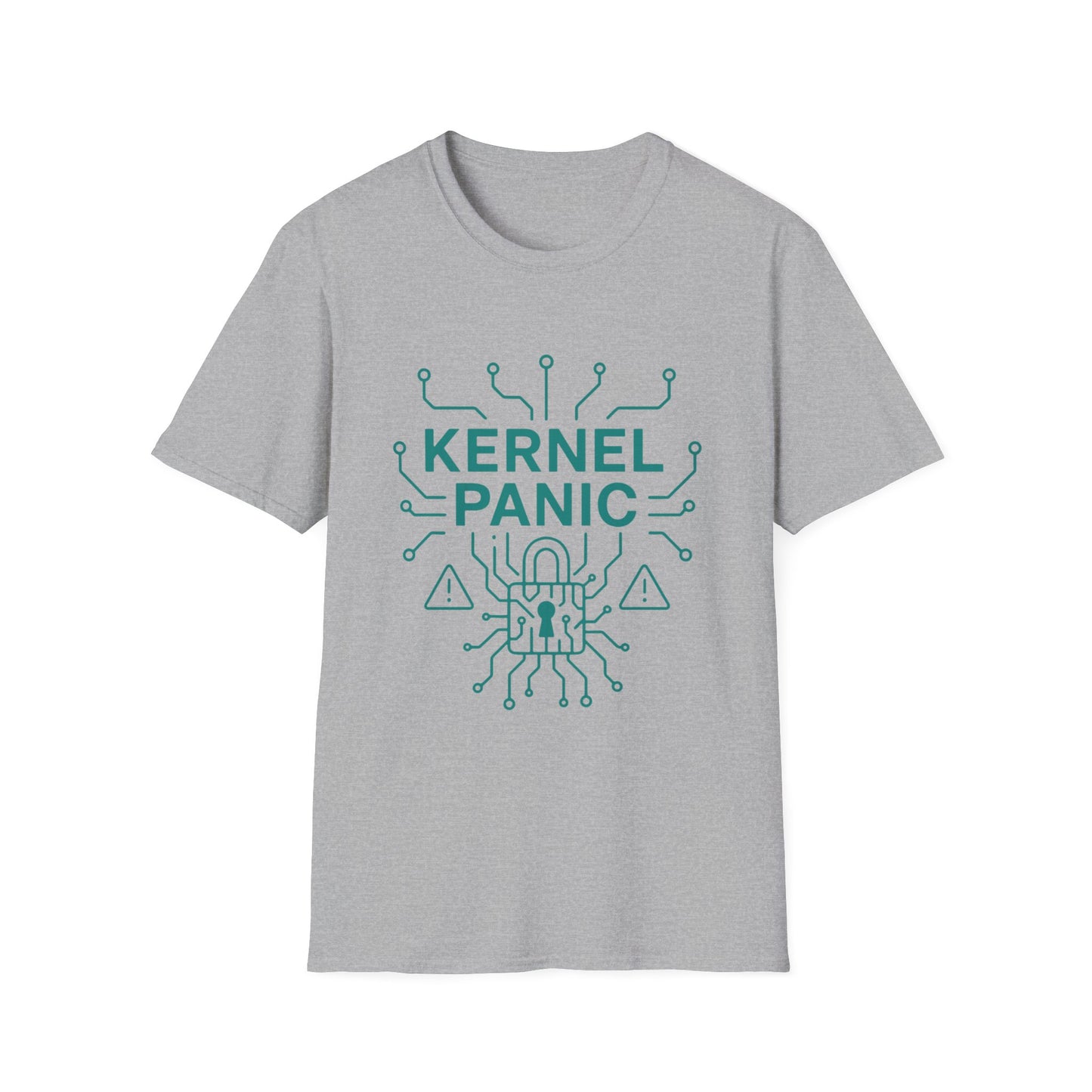 Gray t-shirt with 'Kernel Panic' graphic design on a white background