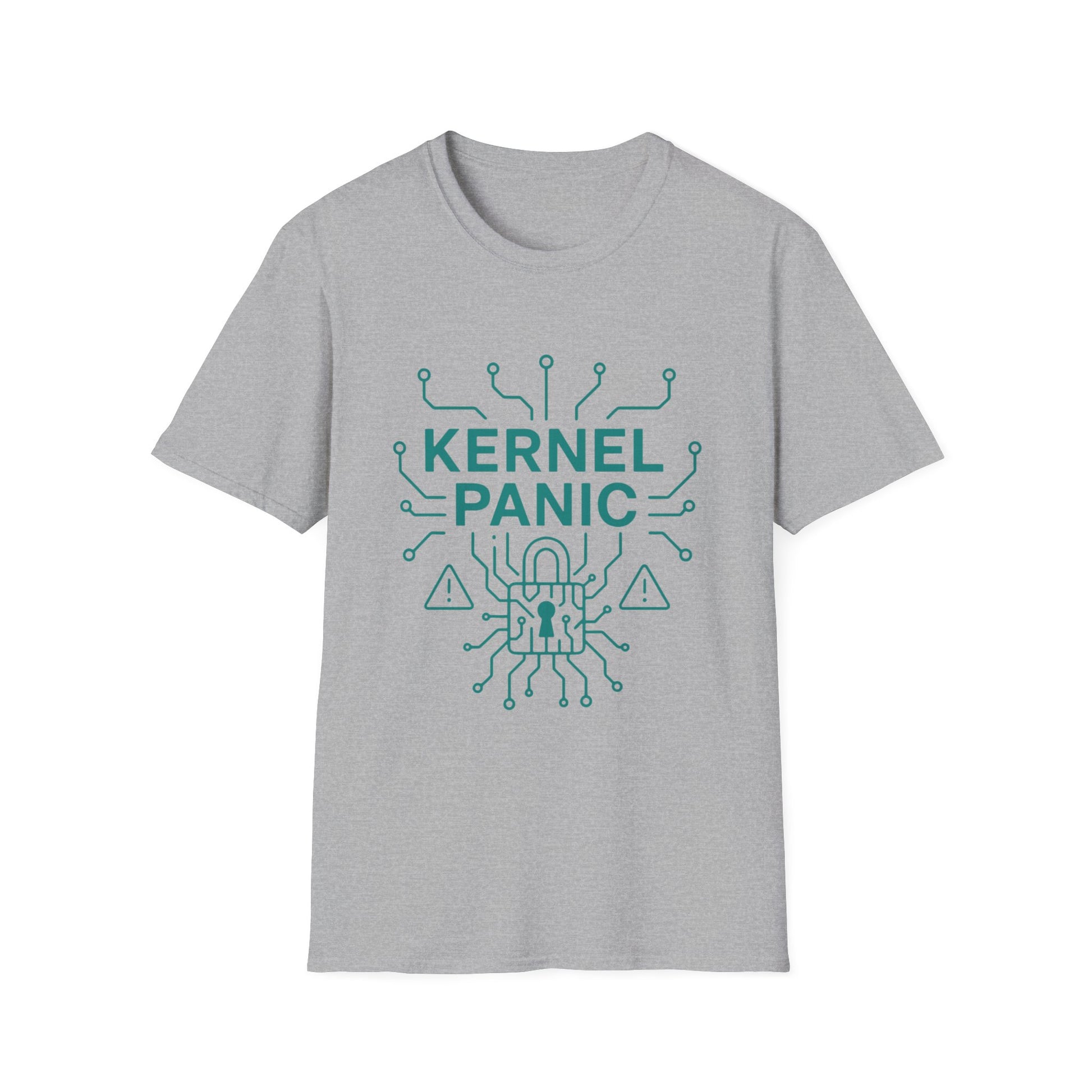 Gray t-shirt with 'Kernel Panic' graphic design on a white background