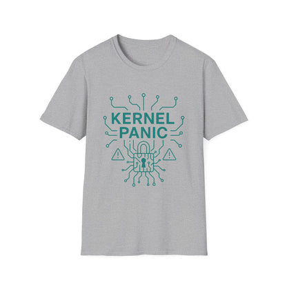 Gray t-shirt with 'Kernel Panic' graphic design on a white background