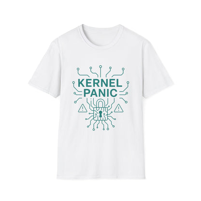 White t-shirt with green 'Kernel Panic' graphic design on a white background